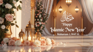 Brown Collage Elegant Happy Islamic New Year Greeting With Flowers And Lanterns. Digital Display (16 template