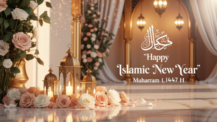 Brown Collage Elegant Happy Islamic New Year Greeting With Flowers And Lanterns. Digital Display (16 Digitale Vertoning (16:9) template