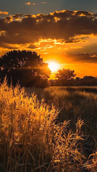 Brown Floral Sunset Landscape Digital Display. Golden Wheat Field at Vibrant Sunset template
