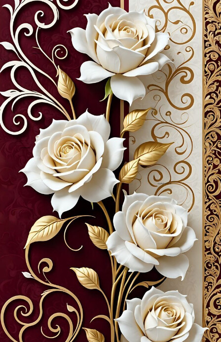 Brown Floral Text Word, Love, Gold Swirls, Burgundy, White Rosebuds Half Page Wide Halfbladsy Breed template