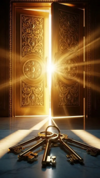 Brown Futuristic Opportunity and Success Digital Display. Prophetic Golden Keys of Heaven Before Ope Digitalanzeige (9:16) template