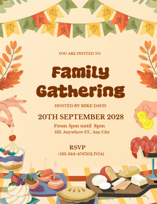 Brown Green Organic Illustrative Family Gathering Invitation Folheto (US Letter) template