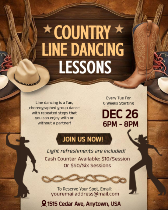 Brown Grunge Rustic Country Line Dancing Lessons Flyer Template ...
