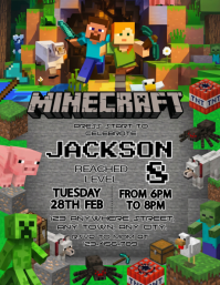 Brown Illustrative Minecraft Birthday Party Flyer Volantino (US Letter) template