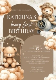 Brown Illustrative Neutral Bear Birthday Invitation A4 template