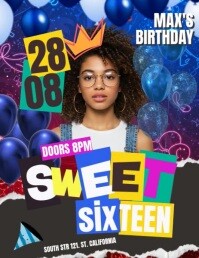 Brown Joyful Blue Balloon Sweet 16 Birthday Party Flyer Flyer (us Letter) template