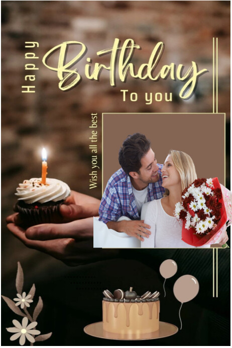 Brown Joyful Happy Birthday Frame And Cake Poster Template | PosterMyWall