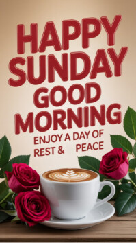 Brown Joyful Happy Sunday Good Morning Frame Template – Coffee & Rose Design For Peaceful Sunday Gre Digital Display (9:16)