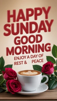 Brown Joyful Happy Sunday Good Morning Frame Template – Coffee & Rose Design For Peaceful Sunday Gre Digital Display (9:16)