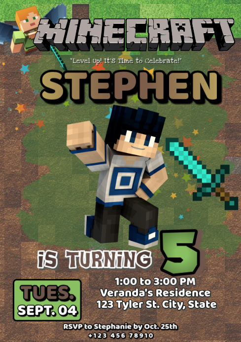 Brown Joyful Minecraft Birthday Party A4 Template | PosterMyWall
