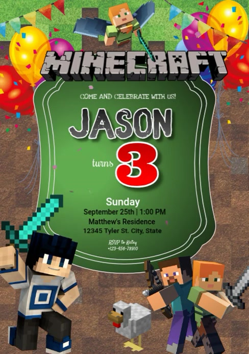 Brown Joyful Minecraft Birthday Party A4 Video Template | PosterMyWall
