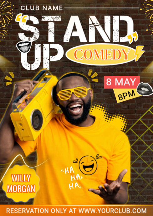 Brown Joyful Stand Up Comedy Night Party Invitation 2026 A4 Template ...