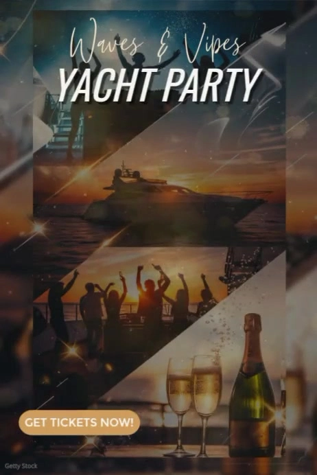 Brown Joyful Waves & Vibes: The Ultimate Summer Yacht Party 2030 – Luxury, Sunset, Music, Champagne Poster template