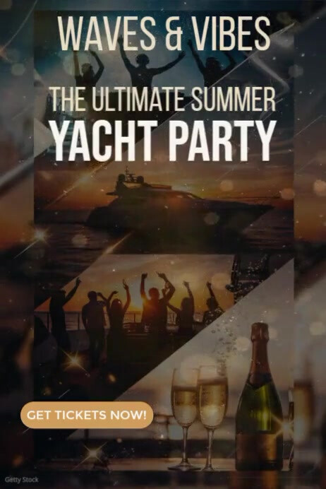 Brown Joyful Waves & Vibes: The Ultimate Summer Yacht Party 2030 – Luxury, Sunset, Music, Champagne Poster template