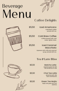 Brown Line Art Beverage Menu Template Printable (Half Page Wide)