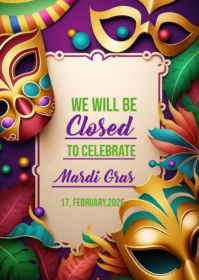 Brown Mardi Gras Closure Announcement A6 template