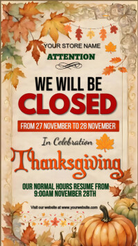 Коричневый Thanksgiving Closure Announcement Instagram-verhaal Template