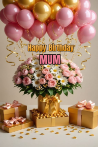 Brown Maximalist Happy Birthday, Dear Mum Pinterest Graphic template