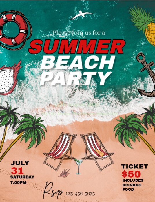 Brown Maximalist Summer Beach Party Invitation  Flyer (us Letter) Pamflet (VSA Brief) template