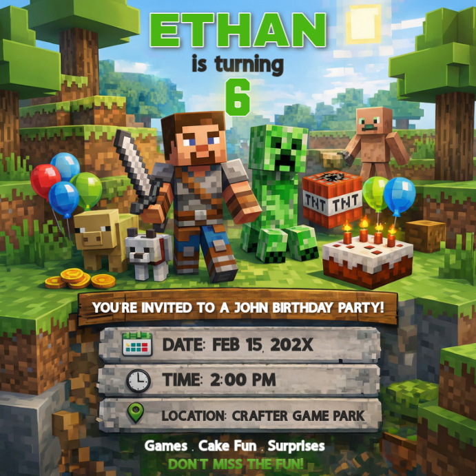 Minecraft Birthday Party Square Template | PosterMyWall