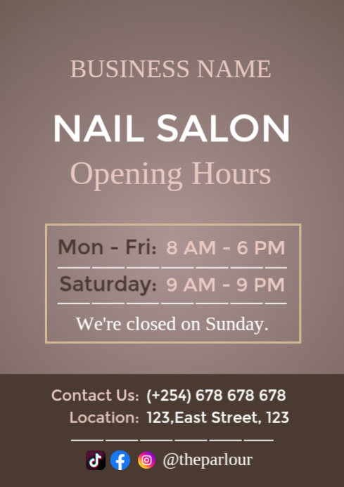 Salon Operating Hours Example Brown Modern & Minimal Nail Salon Opening Hours A1 Template | PosterMyWall