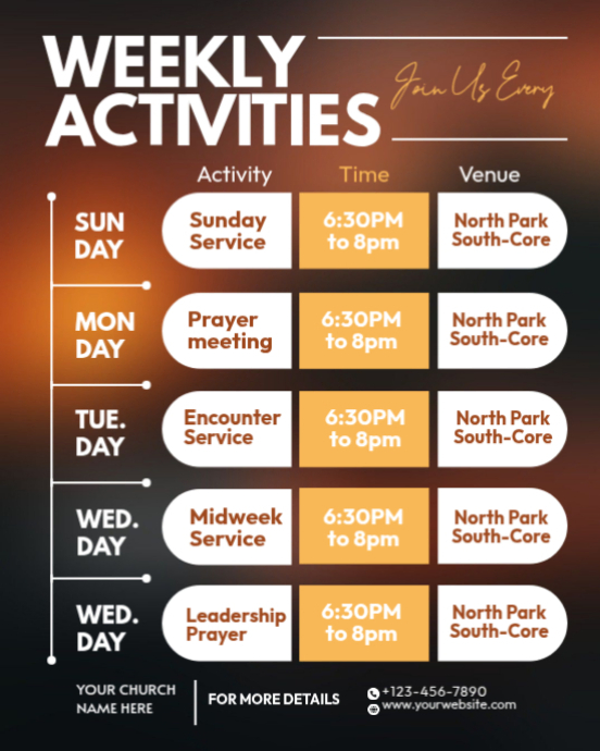 Weekly Church Activities Template | PosterMyWall