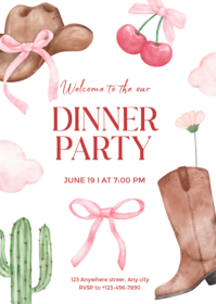 Brown Pink and Green Illustrated Dinner Party Invitation A6 template