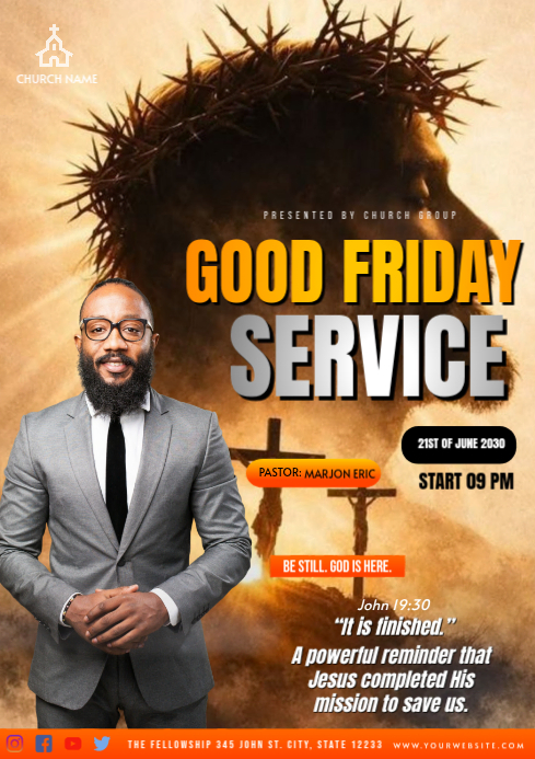 Brown Professional Good Friday Church Service A4 Template | PosterMyWall