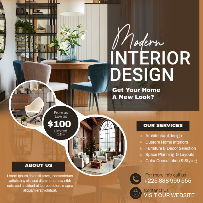 Brown Professional Interior Design Services Instagram Post Template ...