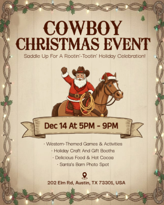 Brown Vintage Rustic Cowboy Christmas Event Flyer Template - Saddle Up ...