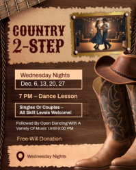 Brown Vintage Vintage Country 2-step Dance Night Flyer - Weekly Western Lessons & Open Dancing Event Instagram Portrait template