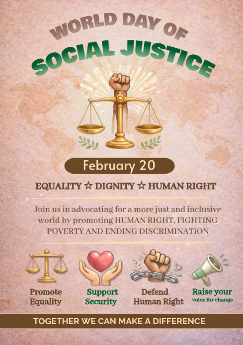 Brown World Day of Social Justice A4 Template | PosterMyWall