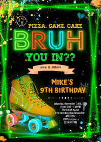 Bruh neon roller skate invitation A6 template