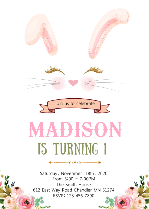 Bunny rabbit birthday invitation A6 template