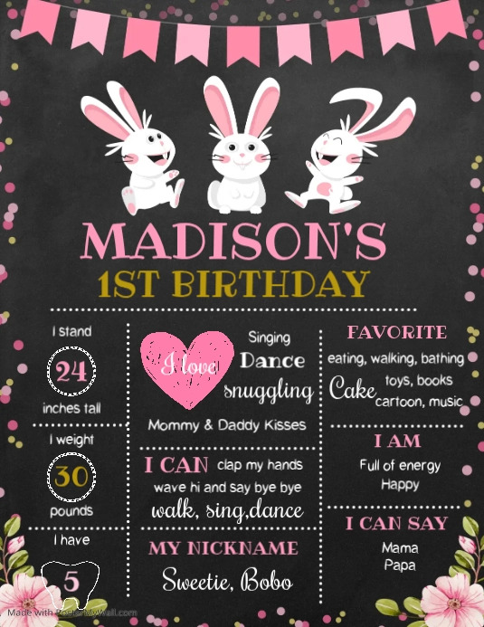 Bunny rabbit Editable Milestone birthday sign Template | PosterMyWall