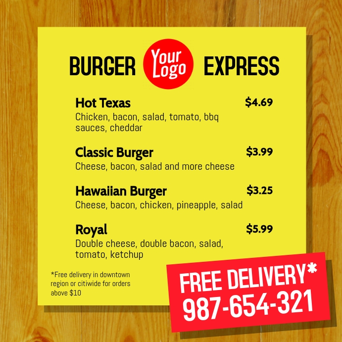 Burger Express Menu delivery square post Template | PosterMyWall