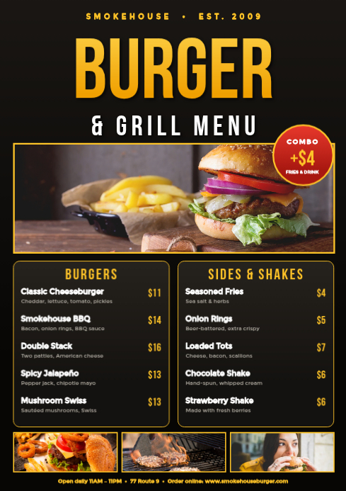 Black Burger And Grill Menu A4 Template | PosterMyWall