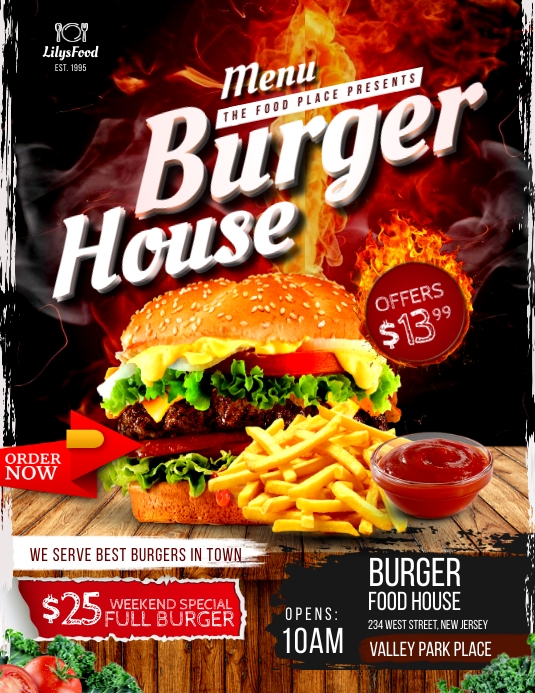Burger house restaurant menu delivery poster Folheto (US Letter) template