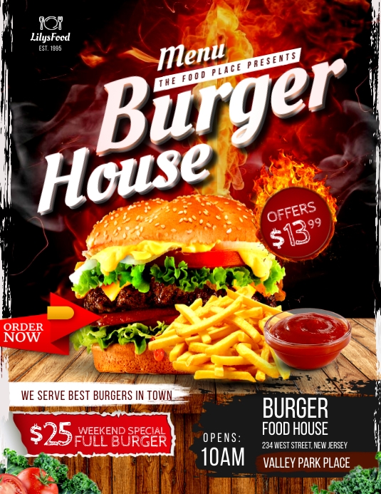 Burger house restaurant menu delivery poster Løbeseddel (US Letter) template