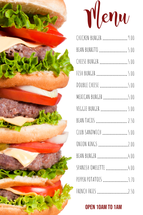 Burger Snacks Menu Template | PosterMyWall