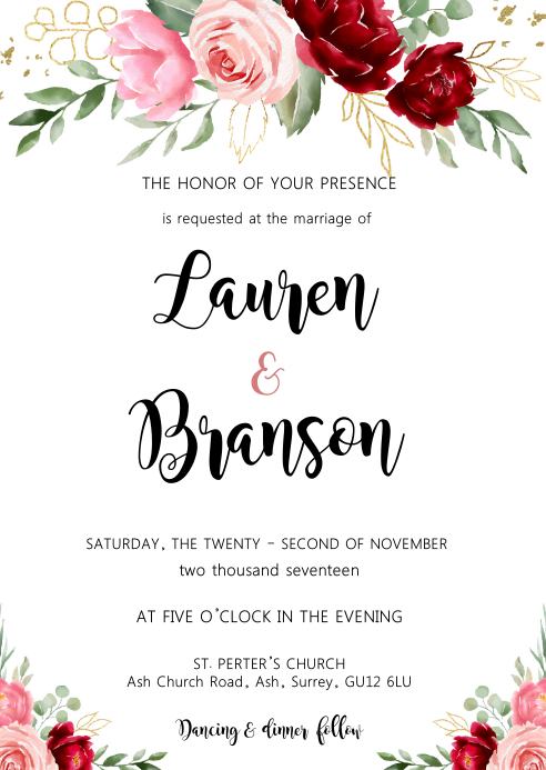 Burgundy blush theme wedding invitation A6 template