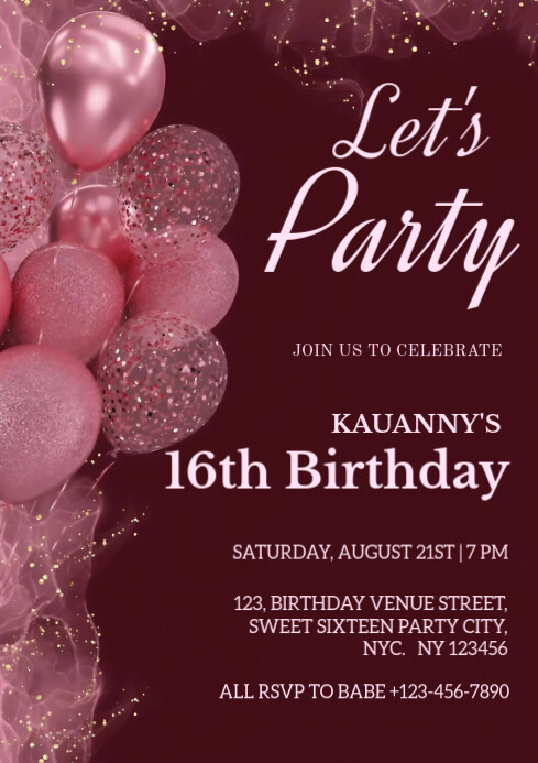 Burgundy Maximalist Glittery Sweet Sixteen Birthday Invitation  A4 template