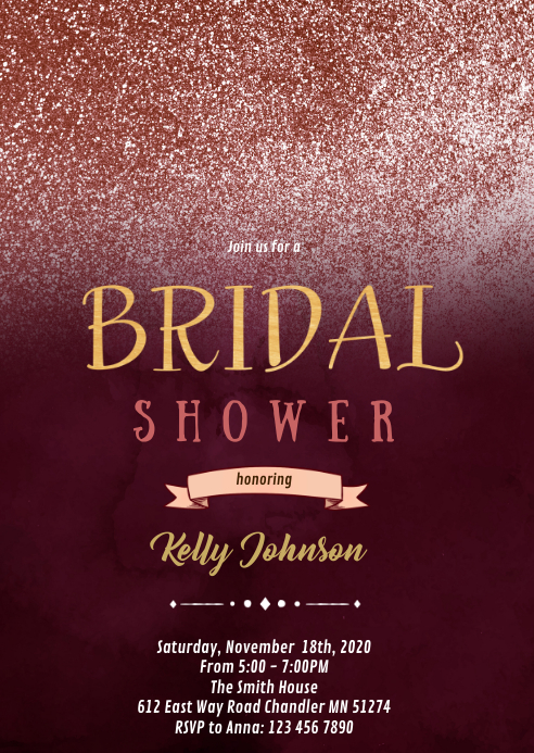 Burgundy rose gold glitter invitation A6 template