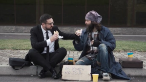 Business man feeding to poor people video YouTube-miniature template