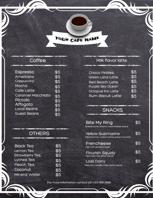 Cafe/ cafeteria menu card template. Flyer (US-Letter)