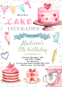 สีขาว Kids Cake Decorating Birthday Invitation A6 Template