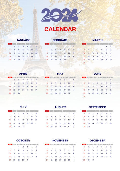 Calendar 2024 Paris Eiffel Tower A2 template