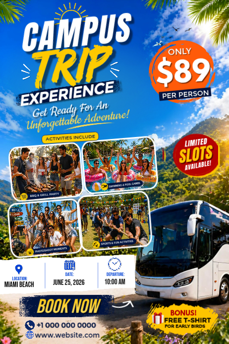 Plantilla de Campus Trip Experience Flyer | Beach Adventure Tour Poster ...