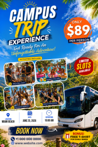 Campus Trip Experience Flyer | Beach Adventure Tour Poster | Student Travel Event with Activities T template