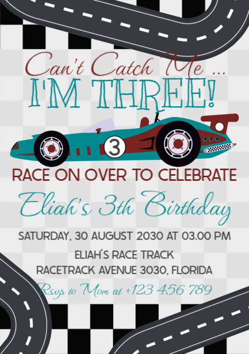 Can't catch me I'm three car race speed birthday invitation A5 template